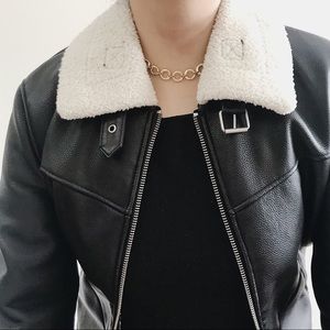Bershka Faux Leather Jacket with Sherpa Li…